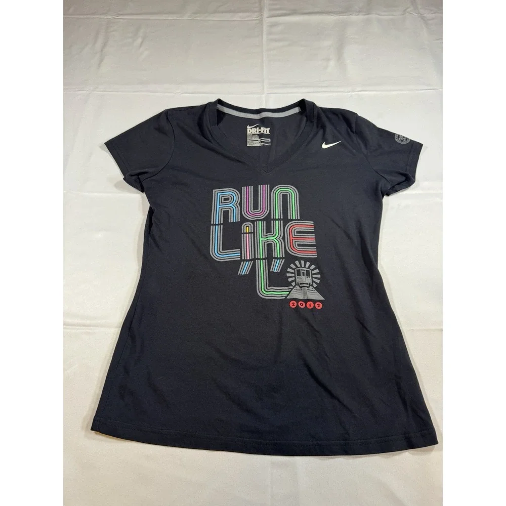Nike Running Women's Large DriFit Gray Yellow Logo Short Sleeve T Shirt